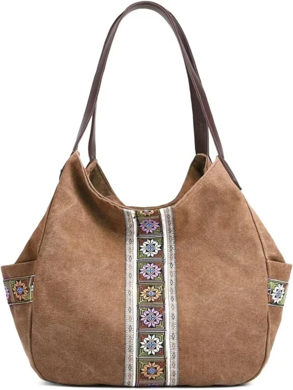Stylish Women’s Canvas Hobo Tote Bag - Multi Pocket, Embroidered Shoulder